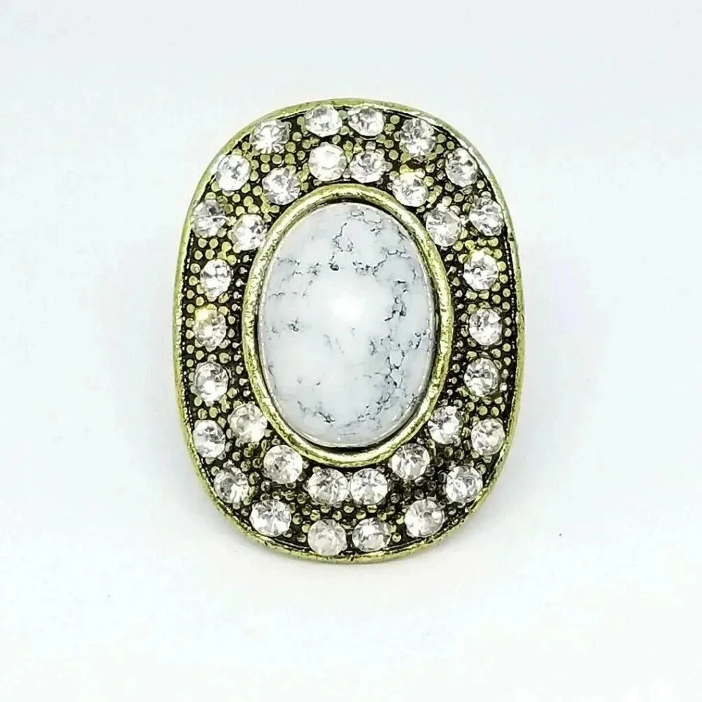 Faux Gray Lace Agate Clear Rhinestone Gold Tone